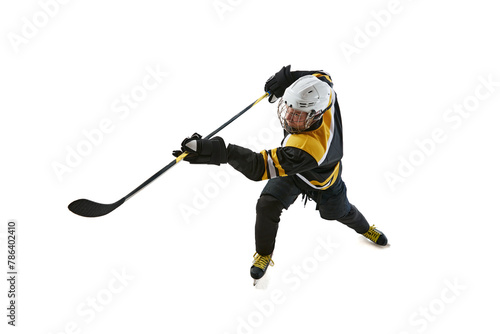 Canvas Print Top view of man, hockey player in motion with stick, training, playing isolated on white background