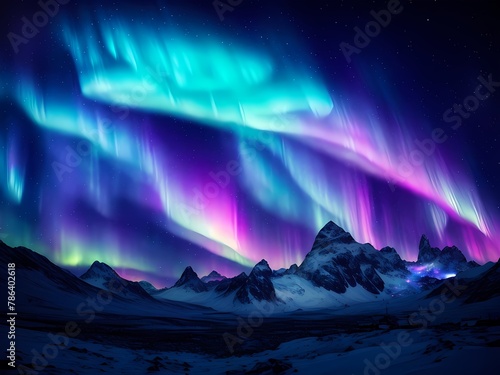 background of neon lights on paper, mountain landscape . Aurora