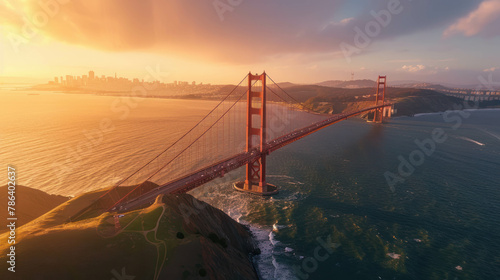 Step into breathtaking aerial view of Golden Gate Bridge, adorned with golden light. AI generative magic unfolds.