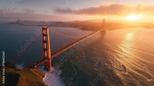Explore aerial view of Golden Gate Bridge, spanning San Francisco Bay, under golden lighting. AI generative masterpiece.