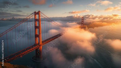 Aerial shot capturing grandeur of Golden Gate Bridge, spanning San Francisco Bay, golden lighting overhead. AI generative magic. photo