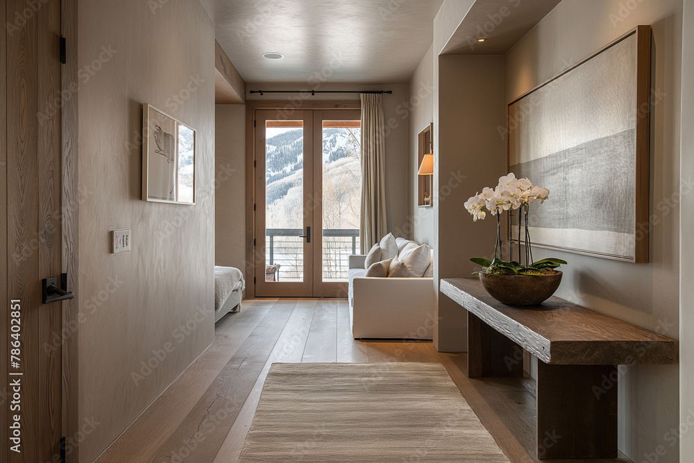 Fototapeta premium Rustic Aspen Retreat Entryway with Minimalist Design, Sleek Console Table, Earthy Palette, Dawn Light, Rough-Hewn Wood Textures