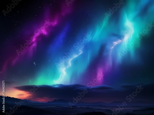 background of neon lights on paper, mountain landscape . Aurora photo