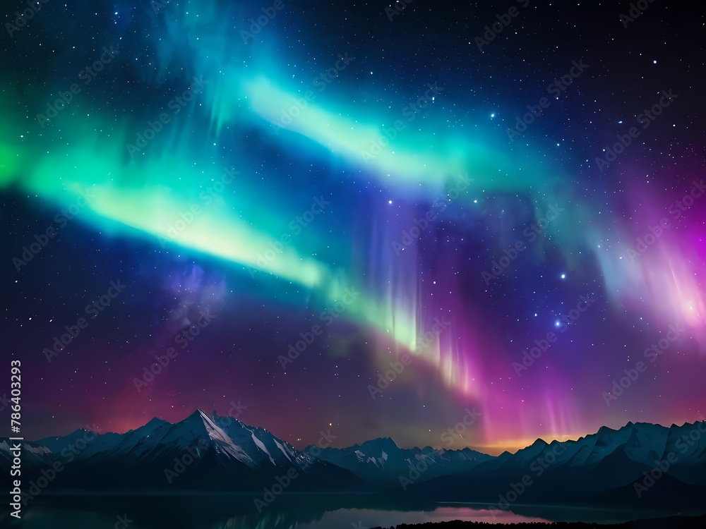 background of neon lights on paper, mountain landscape . Aurora