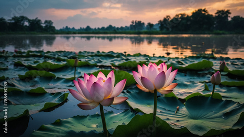 Beautiful pink lotus flower close up in pond at red lotus lake  Udonthani 