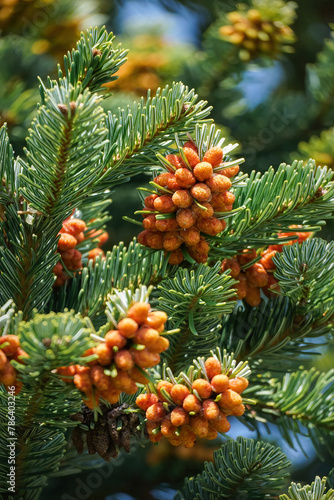 Nordmann Fir - Abies nordmanniana - with orange red staminate cone on branches. photo