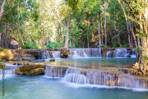 wonder Waterfall in deep rain forest jungle (Huay Mae Kamin Waterfall National Park in Kanchanaburi Province, Thailand) photo