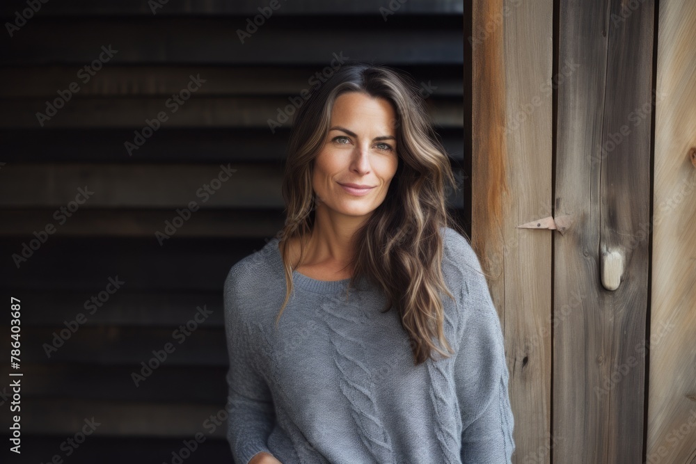 Fototapeta premium Portrait of a tender woman in her 40s wearing a cozy sweater on rustic wooden wall