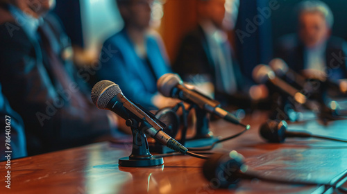 Microphones on a table during press-conference