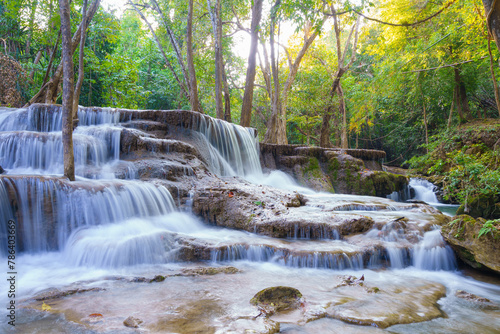 Fototapeta Naklejka Na Ścianę i Meble -  wonder Waterfall in deep rain forest jungle (Huay Mae Kamin Waterfall National Park in Kanchanaburi Province, Thailand)