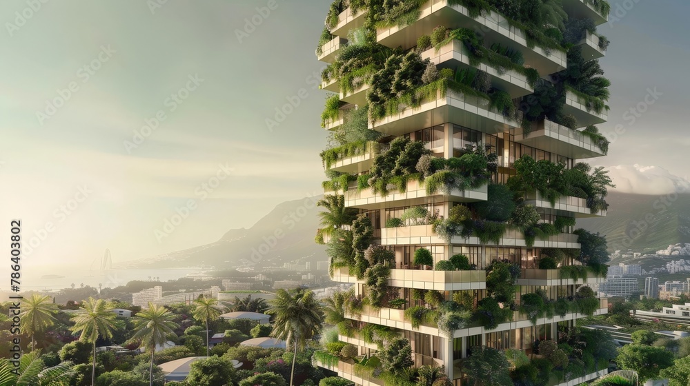 An eco-friendly building covered in vertical gardens, the greenery contrasting with the sleek, modern lines, illustrating the integration of sustainability in contemporary architecture.