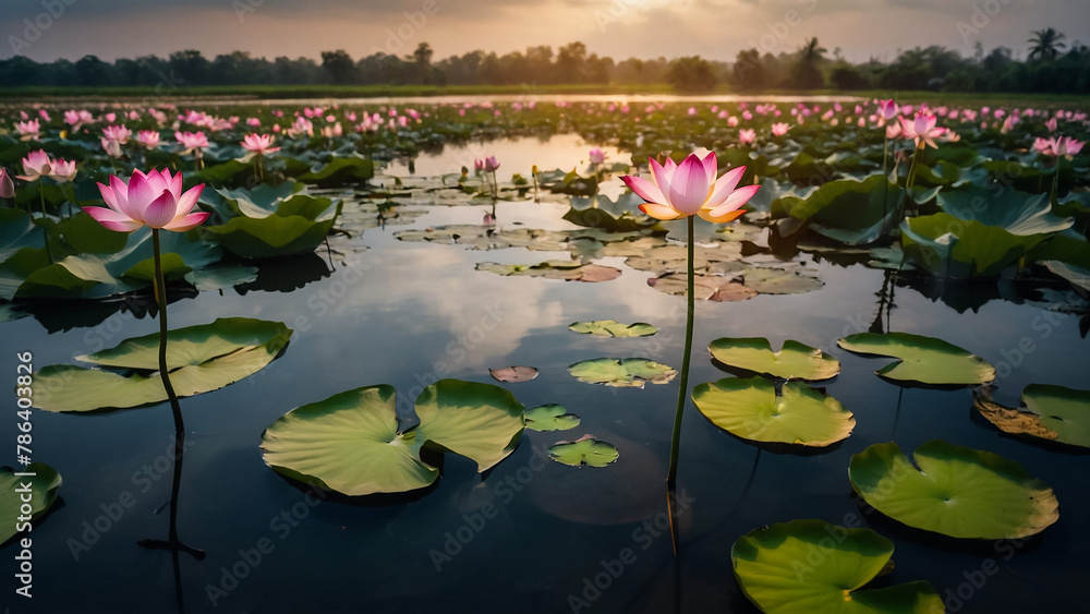 Beautiful pink lotus flower close up in pond at red lotus lake, Udonthani



