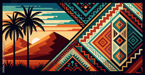 Stunning african sunset geometric artwork featuring tribal patterns and vibrant colors in a modern. Stylized landscape illustration with palm trees. Mountains. And a contemporary