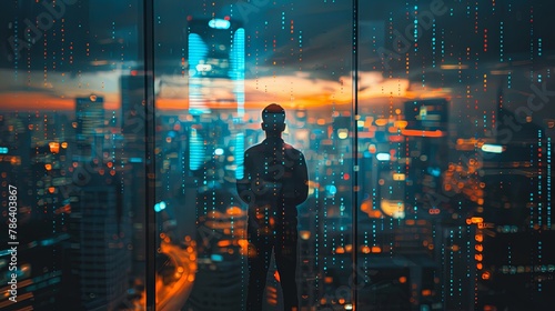 Man looking at digital graph display on skyscraper office window at night with blurred bokeh lights. © Barosanu