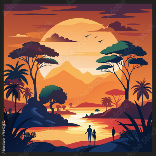 Vibrant and colorful african savannah sunset illustration with traveler walking in the wilderness. Showcasing the tropical and exotic landscape. Flora and fauna. And a peaceful. Tranquil environment © Pavel