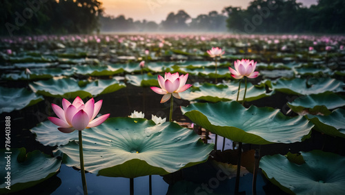Beautiful pink lotus flower close up in pond at red lotus lake, Udonthani
