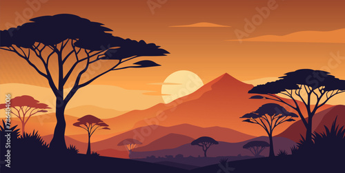 Beautiful african savannah sunset illustration with serene background and vibrant warm colors. Depicting the tranquil nature of the african landscape. Including the silhouette of mountains, trees
