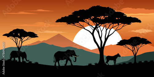 Breathtaking african savannah sunset silhouette with wildlife and nature, showcasing the tranquil and serene beauty of the landscape in africa