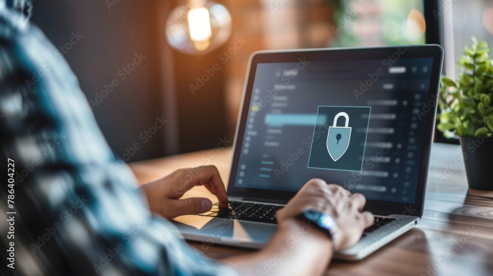 Man Using Laptop With Padlock on Screen Man Using Laptop With Padlock on Screen
