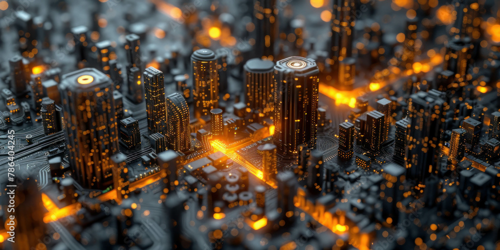 Experience the mesmerizing blend of light and shadow in a microworld of electronic components. AI generative OC rendering creates stunning textures.