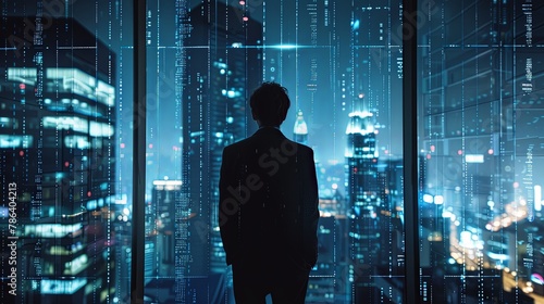 Bussinessman stading in front of office window at night with city skyscrapers in background overlayed with light data graph