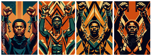 Pride african man set with breaking chains, symbolizing liberation from slavery for black history month or juneteenth. African poster with raised fists and gesture of freedom