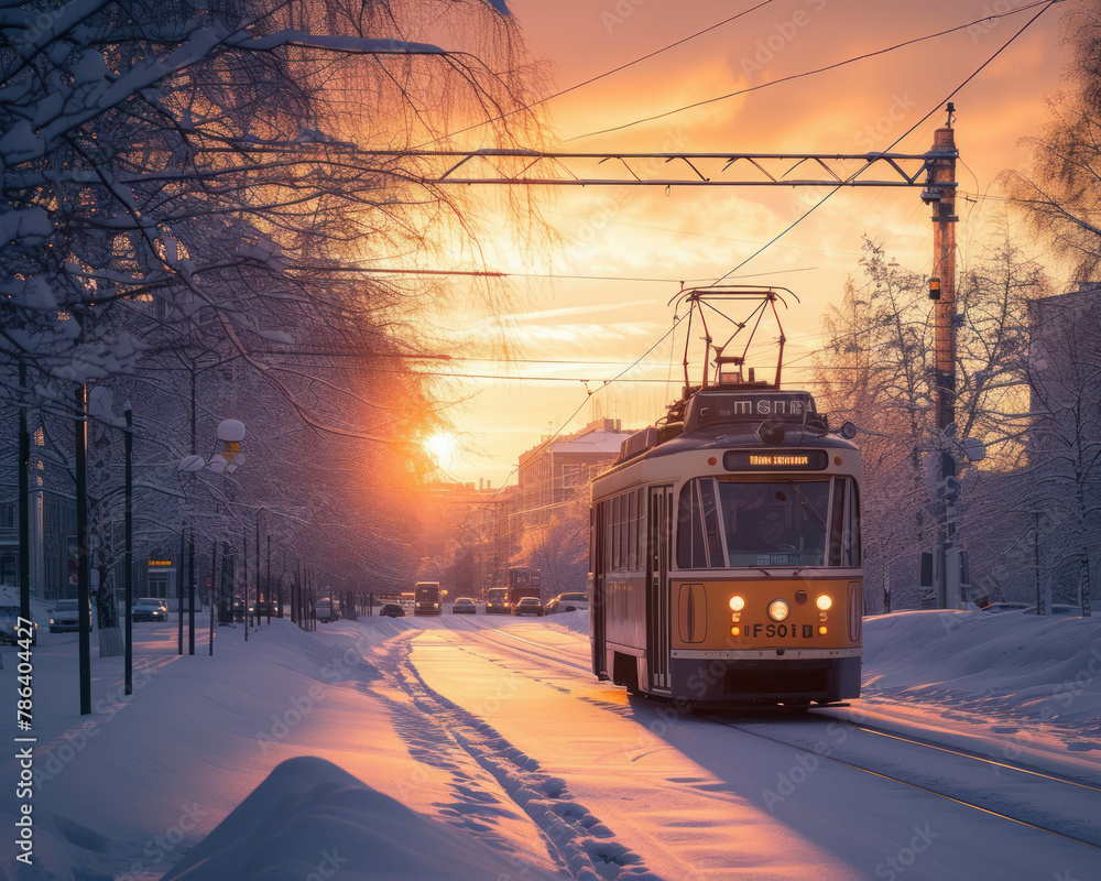 Witness the nostalgic charm of a retro tram gliding through a snowy landscape as the sun sets, casting captivating golden hues. AI generative technology enhances urban photography.