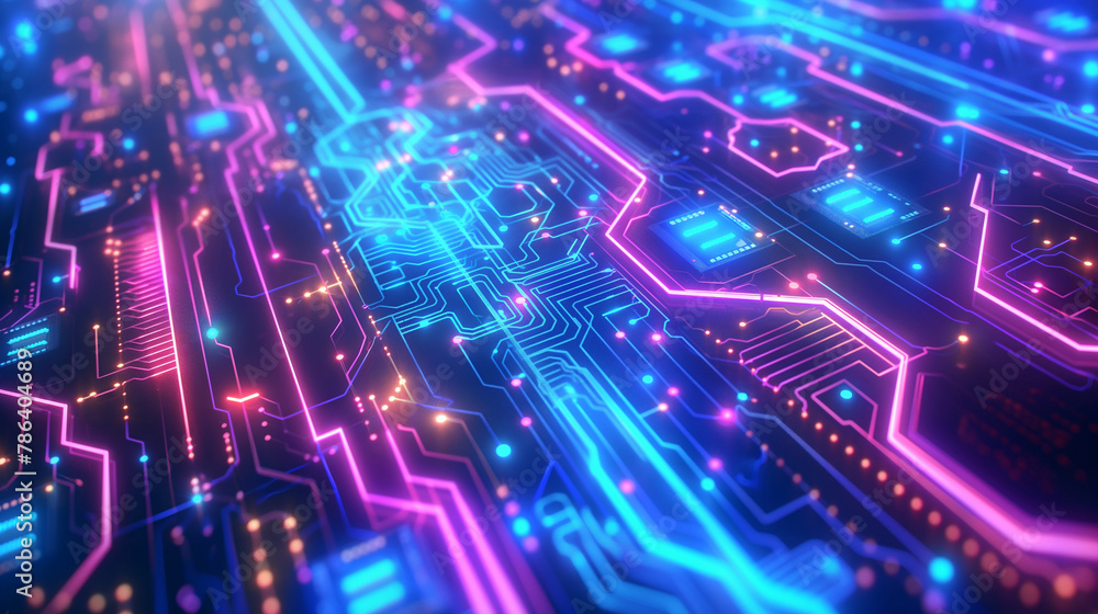 High tech concept visualization: microchip, processor, cpu circuit board, cloud computing data and city. 3d rendering. Futuristic pcb model and background illustration.