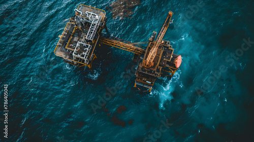 Aerial view offshore drilling rig jack up rig for oil at the offshore location during sunset photo