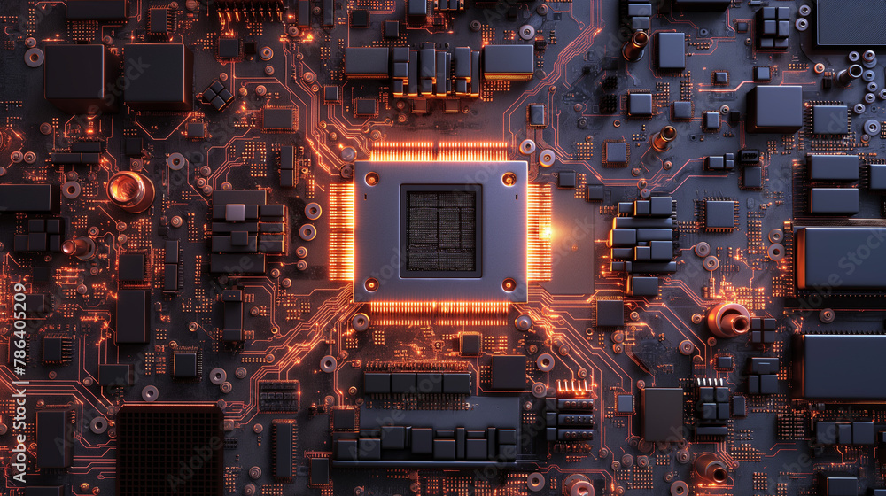 High tech concept visualization: microchip, processor, cpu circuit board, cloud computing data and city. 3d rendering. Futuristic pcb model and background illustration.