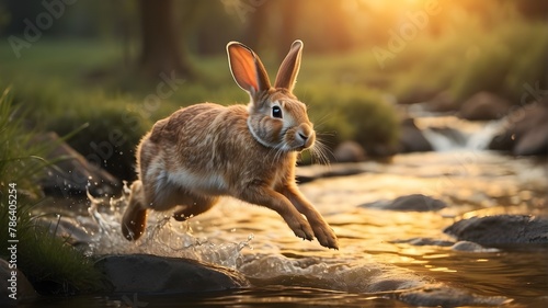 A graceful rabbit gracefully leaping over a babbling brook at sunset photo