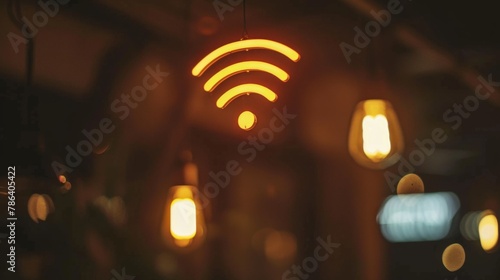 Glowing Wi-Fi Symbol in a Cozy Evening Cafe Setting