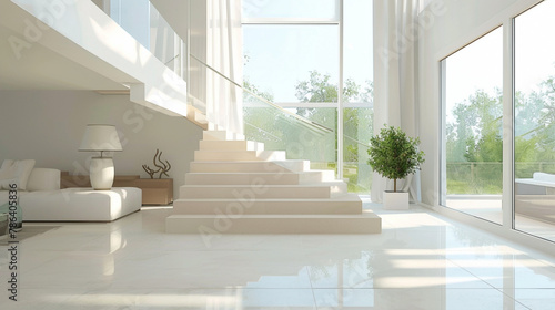 Graceful beige stairs in a modern Scandinavian interior lounge with a large window and peaceful ambiance.