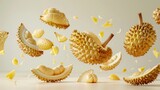 A durian fruit in motion with a white background.