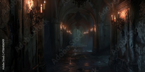 Gothic Castle Corridor At Night