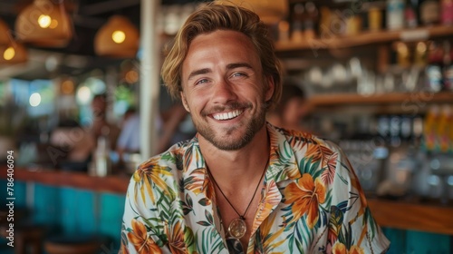 Handsome happy man wearing hawaiian shirt at tropic location. Travel vacation holiday.