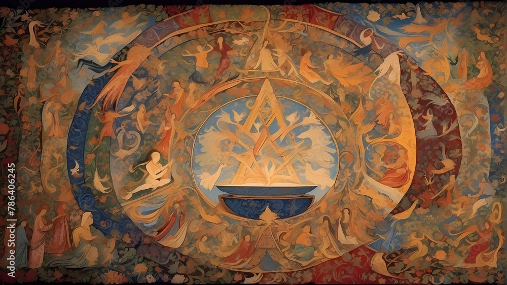Draw a tapestry that symbolizes unity by combining elements from many religions.