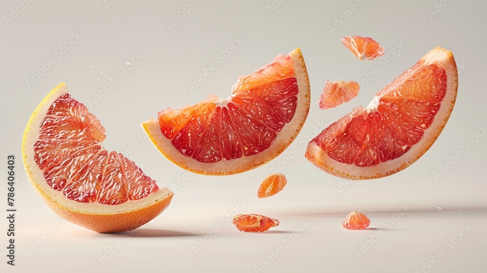 Three slices of grapefruit suspended in mid-air against a pale pink background. Three slices of grapefruit suspended in mid-air against a pale pink background.