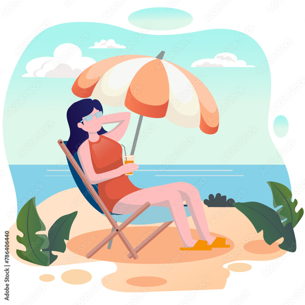 Happy summer time with the women enjoy and relaxing on the beach with the cocktail. Can be used for web, landing page, social media, postcard, etc Happy summer time with the women enjoy and relaxing on the beach with the cocktail. Can be used for web, landing page, social media, postcard, etc