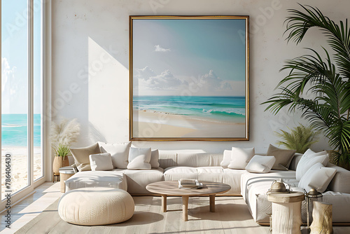 Mockup poster frame 3d render in a coastal glam living room with luxurious finishes and seaside-inspired accents, hyperrealistic photo