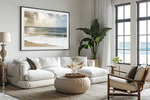 Mockup poster frame 3d render in a transitional coastal living room with a mix of modern and beachy elements, hyperrealistic photo
