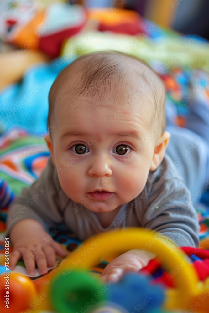 The intense concentration on a baby's face as they explore a new toy, eyebrows furrowed in curiosity and wonder at the world around them. The intense concentration on a baby's face as they explore a new toy, eyebrows furrowed in curiosity and wonder at the world around them.