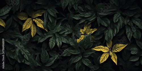 Brightly colored tropical leaves pattern against a dark backdrop.