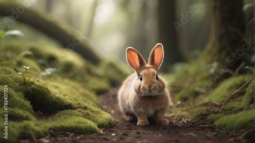 A tiny bunny with floppy ears exploring a mossy woodland path photo