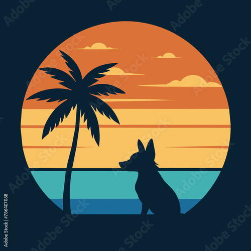 Sunset Dog Vector Illustration  Beach Vibes T-Shirt Design