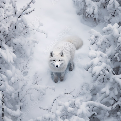 A white fox is standing in the snow in front of a tree