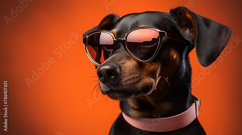 Stylish dog sunglasses and collar against a turquoise backdrop, exuding charm and fashion-forward attitude