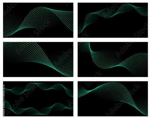 Set of abstract backgrounds with waves for banner. Medium banner size. Vector background with lines. Element for design. Brochure, booklet. Black and green gradient
