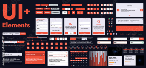 A set of modern web interface elements designed for the development and design of websites and mobile applications. Includes buttons, icons, navigation elements, slyder, forms.