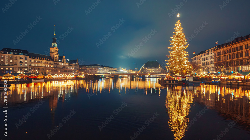 Night view of Binnenalster lake and Christmas market 